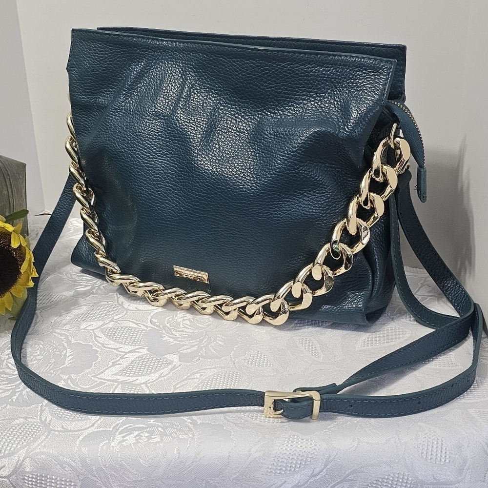 Viola Castellani Teal-Gold Chain Leather Bag